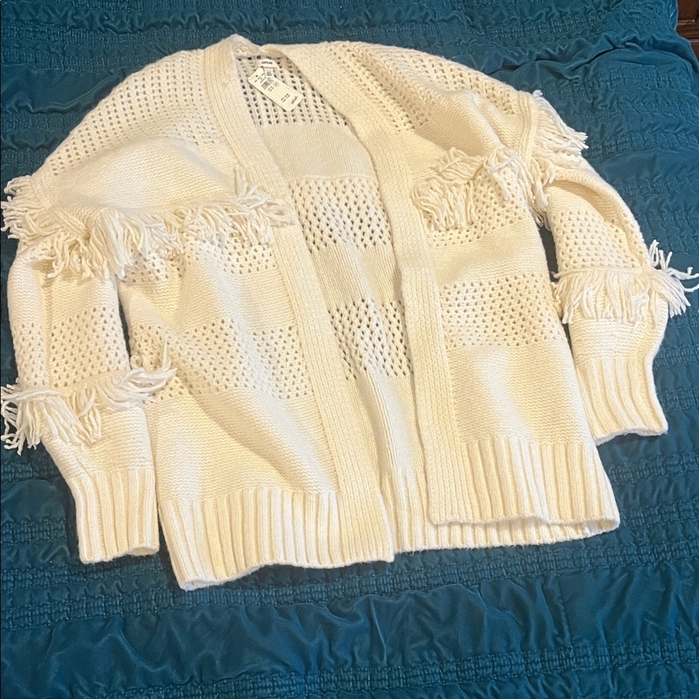 Aerie Ivory Fringe Open-Knit Cardigan